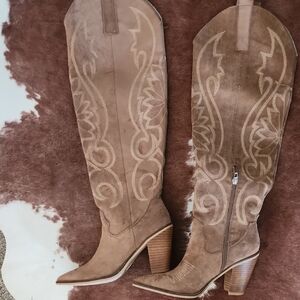 Tan Embroidered Knee-High Women's Boots